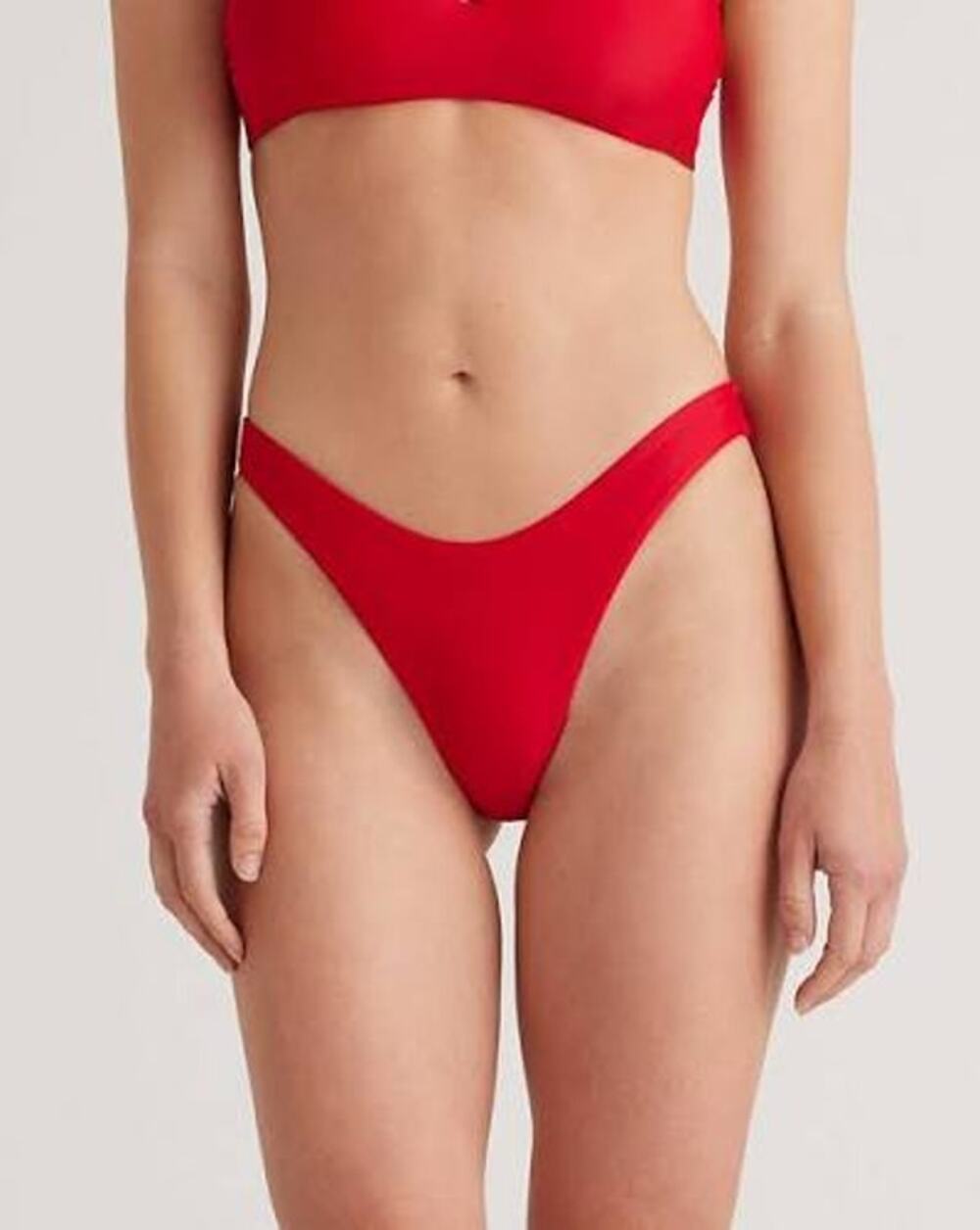 QUINCE  Italian High Leg Bikini Bottom MINIMALIST Swimsuit Cherry Red Sz Large L